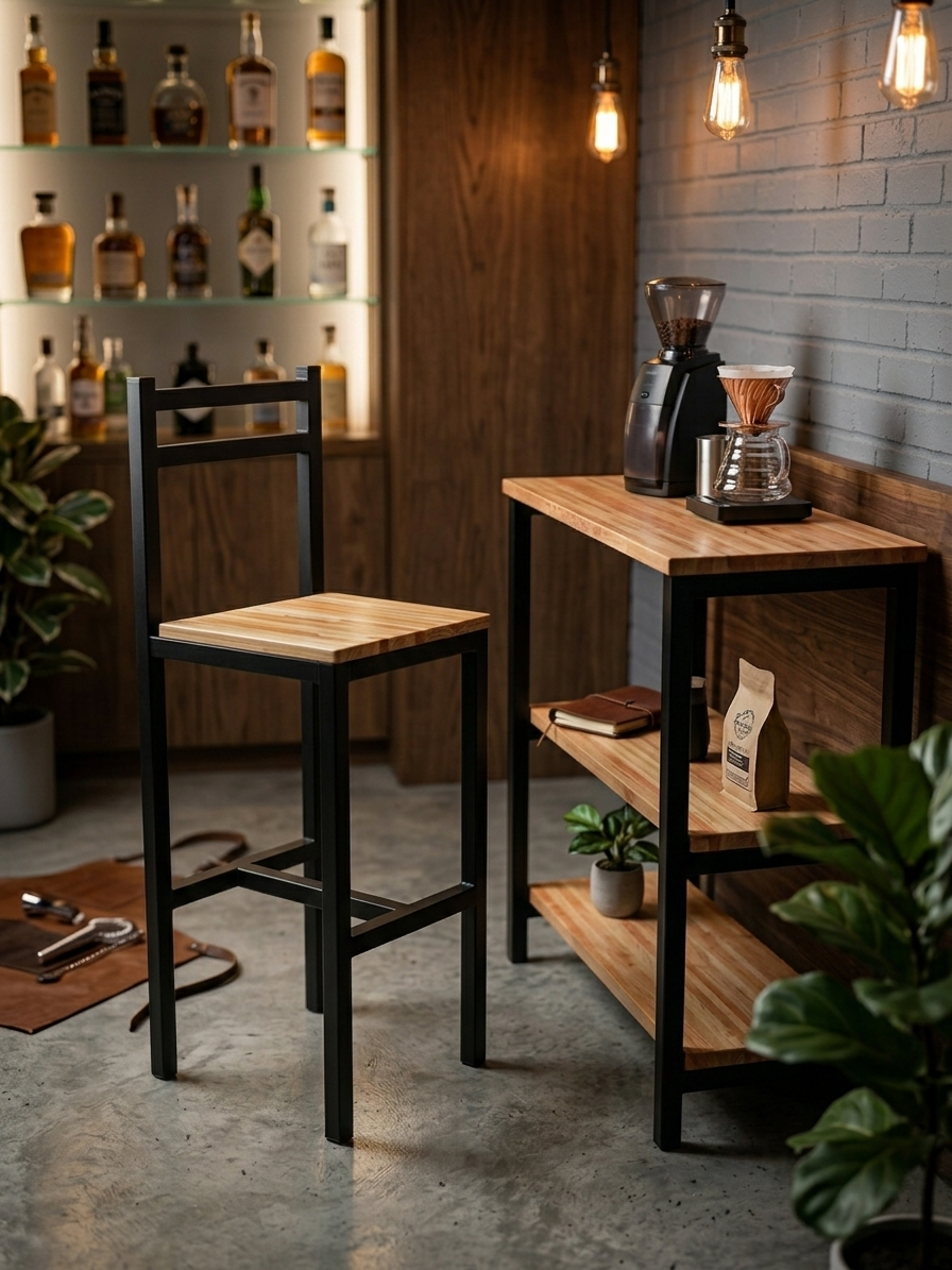 Banqueta y mueble auxiliar en eucalipto y hierro